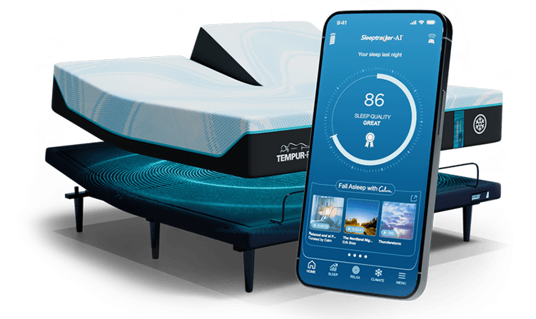 LuxeBreeze Split Head King mattress on an ergo smart base with a smartphone highlighting Sleeptracker AI