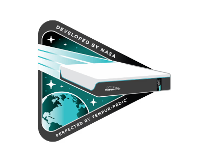 Illustration of mattress flying through space with the text "developed by nasa, perfected by tempur-pedic"