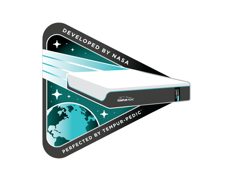Illustration of mattress flying through space with the text "developed by nasa, perfected by tempur-pedic"