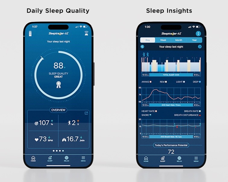 A phone displaying the Sleeptracker-AI app and its analytics
