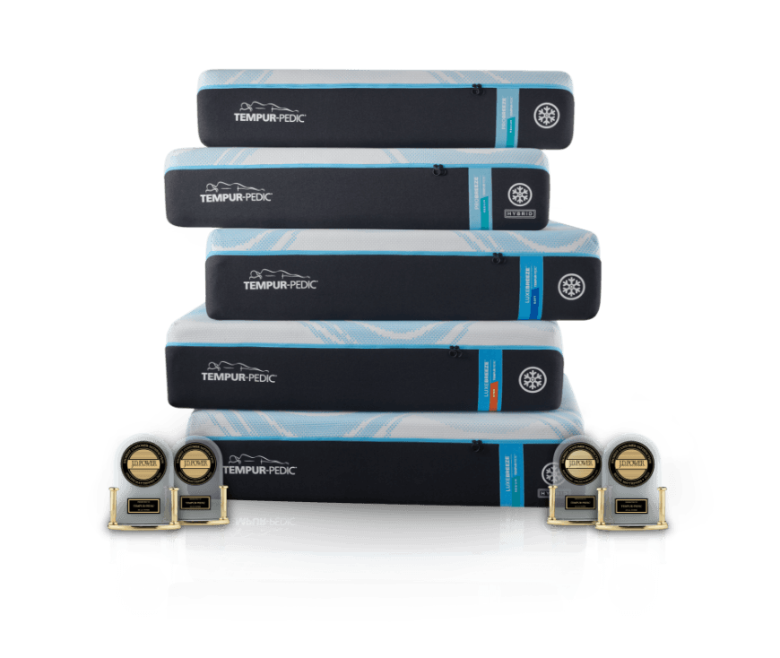 Tempur Pedic breeze mattresses in a stack with J.D. Power trophies