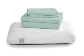 Two pillows and a set of green sheets bundle