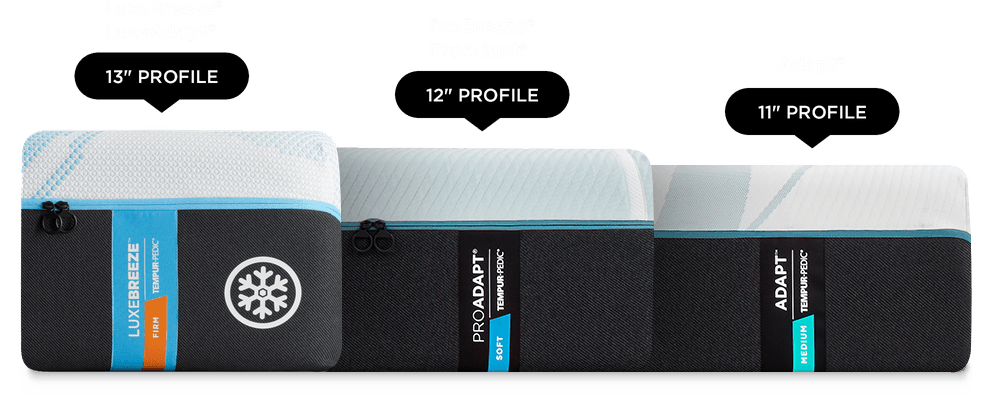 LuxeBreeze (13"), ProAdapt (12"), and Adapt(11") mattress profile heights side by side for comparison